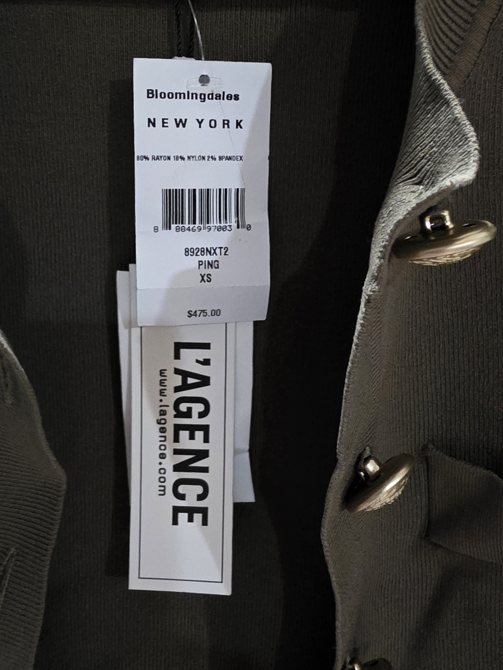 L’AGENCE Toulouse Cardigan XS Olive Green Gold Buttons NWT $475 - Picture 3 of 5